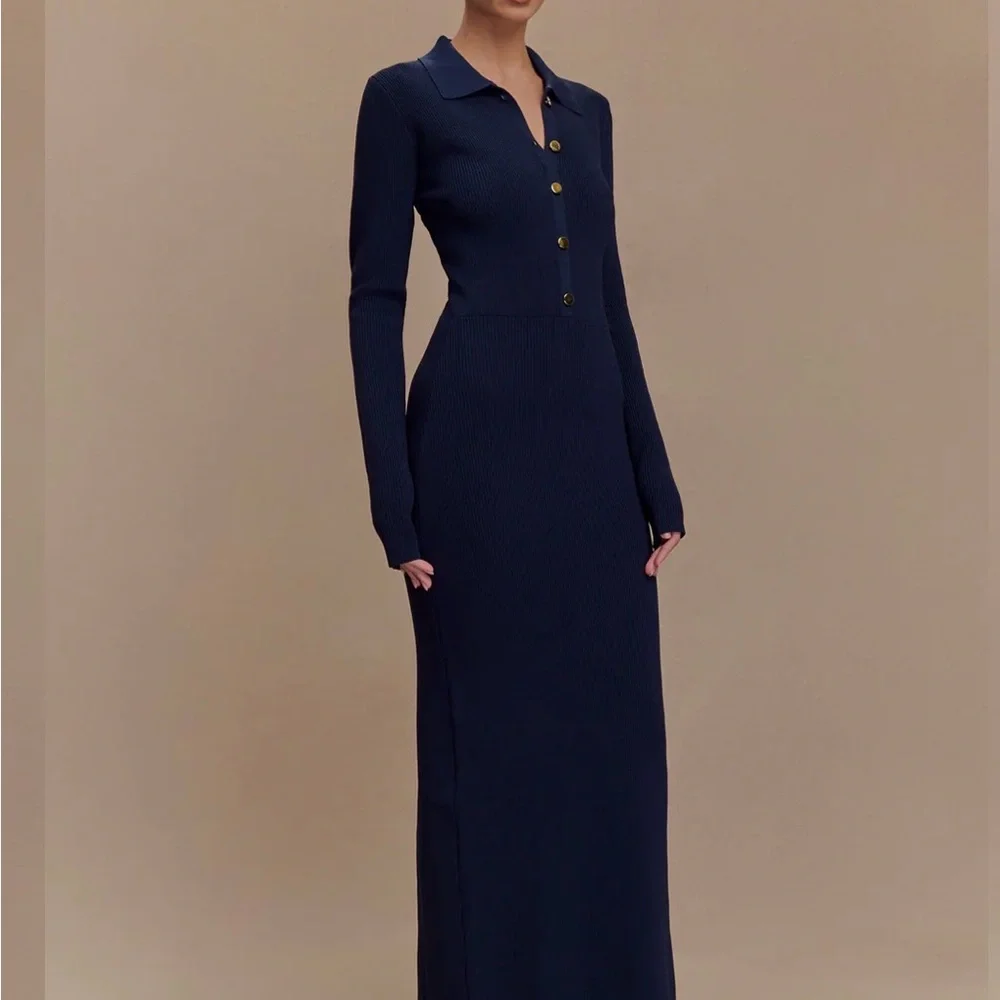 NWT Meshki Navy Abbey Buttoned Knit Midi Dress - Picture 1 of 9
